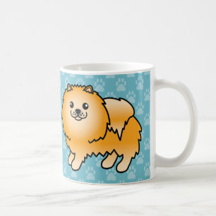 Orangener Mantel Pomeranian Hunde auf Blau Kaffeetasse