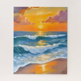Orangener Meer Sonnenuntergang Aquarell Ozeanwelle Puzzle
