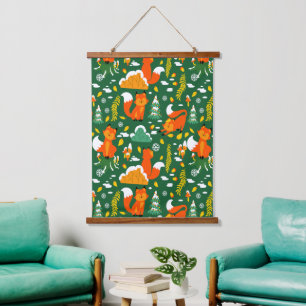 Orangener wilder Herbst Winter Wald Fuchs Wandteppich Mit Holzrahmen