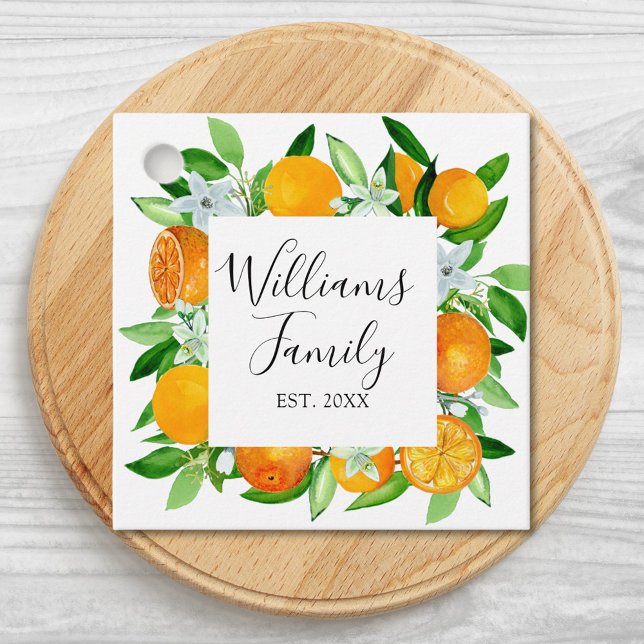 Orangenfrüchte und Blume Sommer Blütenpflanzliche Geschenkanhänger (Close up)