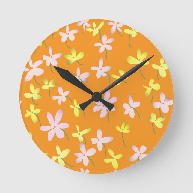 Orangengelb rosa Minimalistisch florales Botanisch Runde Wanduhr (Vorderseite)