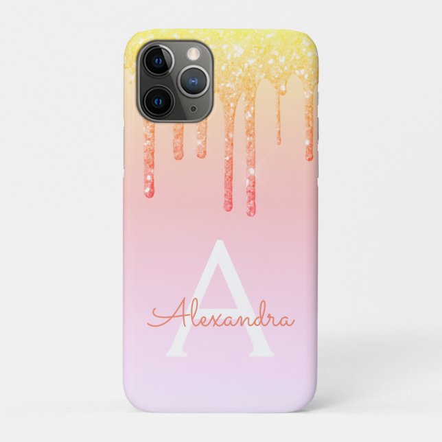 Orangengelbe Blende-Glitzer Monogramm Case-Mate iPhone Hülle (Rückseite)
