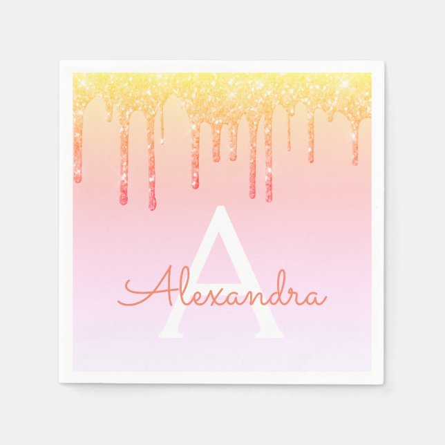 Orangengelbe Blende-Glitzer Monogramm Serviette (Vorderseite)