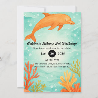 Orangengelbe Dolphin & Korallenriff Geburtstag Einladung