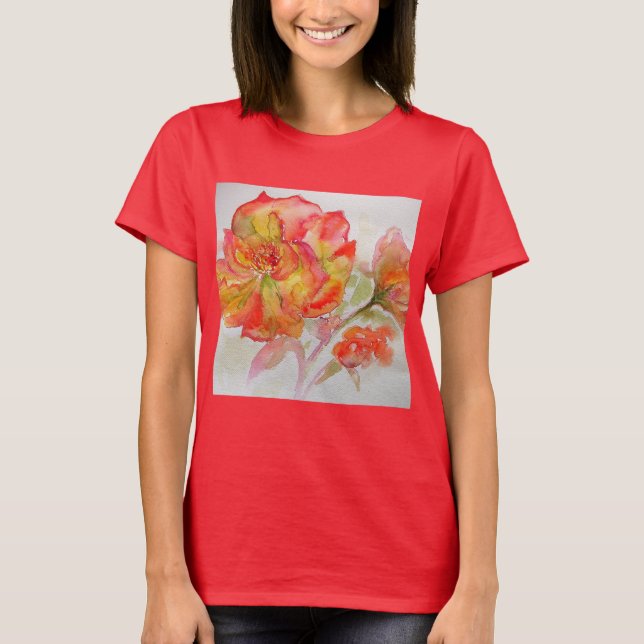 Orangengelbe Rose Aquarellmalerei T-Shirt (Vorderseite)