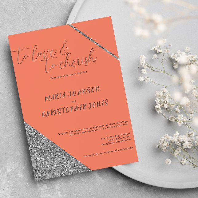 Orangenglanzhochzeit mit klassischer Schrift, silb Einladung (Classic script silver glitter orange glam Wedding )