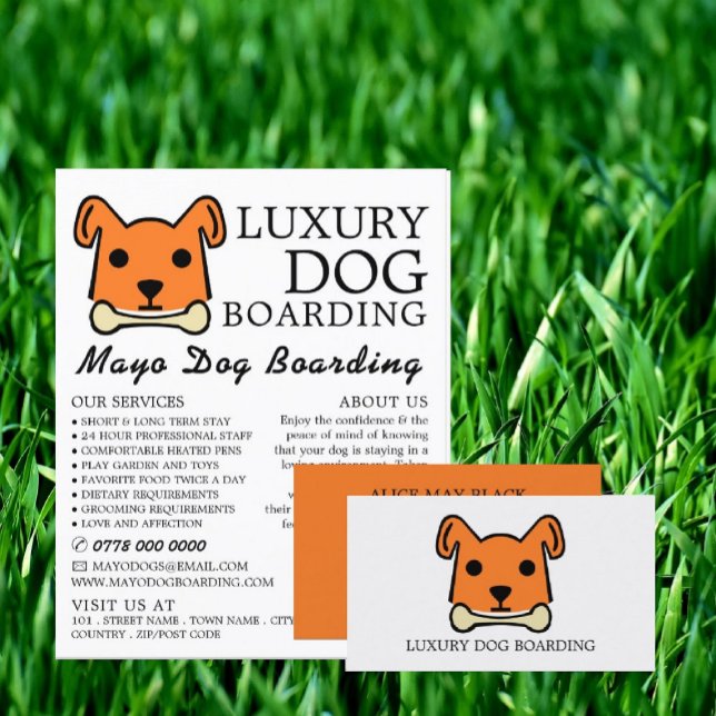 Orangenhund mit Knochen, Hund-Boarding, Werbung Flyer (Von Creator hochgeladen)