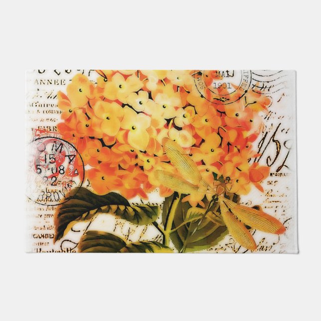 Orangenhydrangee und Libelle Fußmatte (Vorderseite)