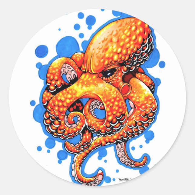 Orangenktopus Runder Aufkleber (Vorderseite)