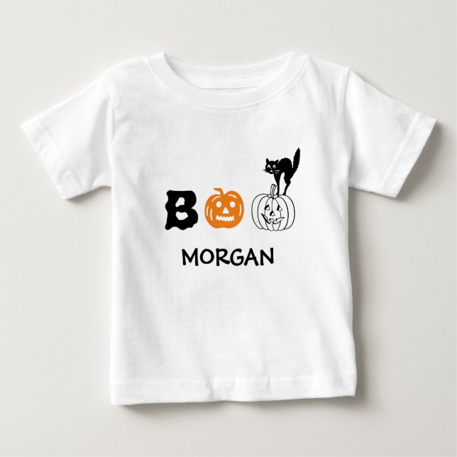 Orangenkürbis-individuelle Name Halloween Baby T-shirt (Vorderseite)
