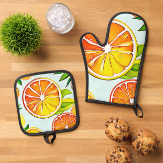 Orangenscheibe: Zitrus-Kunst Ofenhandschuh & Topflappen-Set