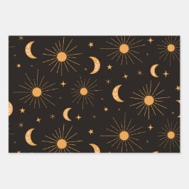 Orangensonne und Mondmuster Geschenkpapier Set