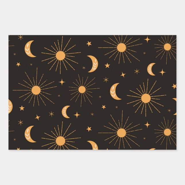 Orangensonne und Mondmuster Geschenkpapier Set (Vorderseite)