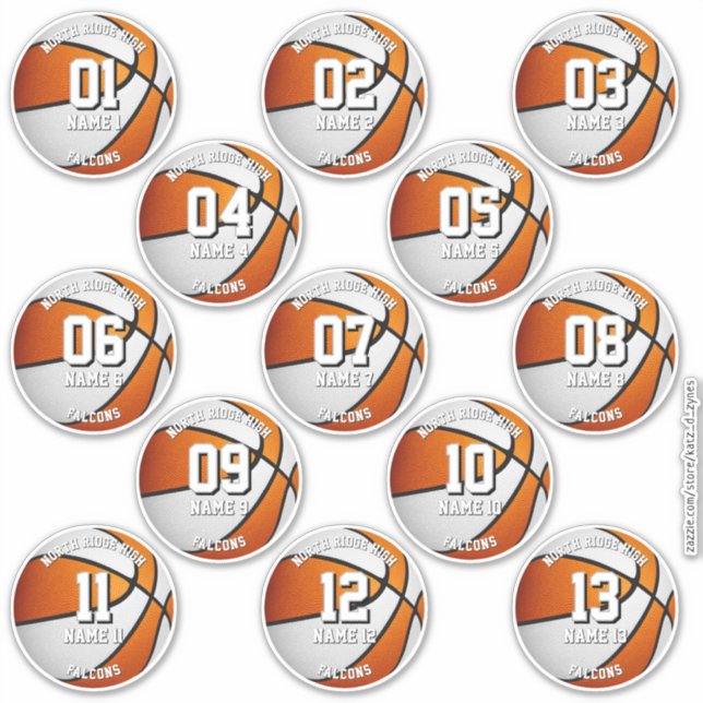 Orangenweißer Basketball 13 Teammitglieder Aufkleber (Vorderseite)