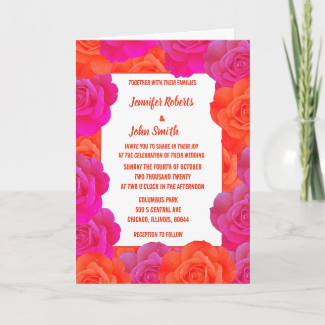 OrangePink Floral Rose Abstrakt QR Code Wedding Einladung (Vorderseite)