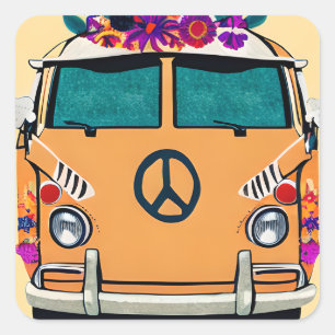 Oranger Blumiger Retro-Hippie-Van-Vintage-Art Quadratischer Aufkleber