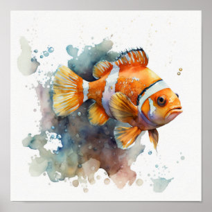 Oranger Clownfisch mit sanften Wasserfarbspritzern Poster
