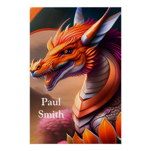 Oranger Drache, fantasievolle Digital Art Poster