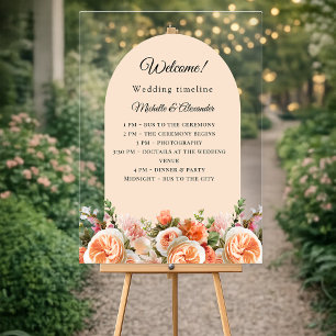 Oranger Elfenbein-Blumenbogen klares Hochzeitsprog Acrylschild