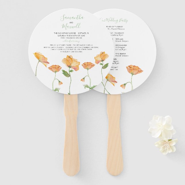 Oranger Fächer mit floralem Hochzeitsprogramm (Vorne und Hinten)