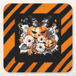 Oranger Halloween-Kürbis-Blumenflor Rechteckiger Pappuntersetzer