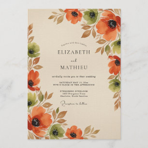 Oranger Herbst-Blumen-Romanze Hochzeit Einladung