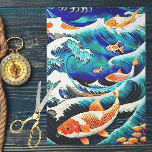 Oranger Koi-Fisch in einer großen Welle im japanis Seidenpapier