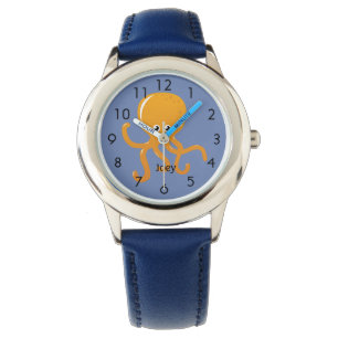 Oranger Krake auf Blau Personalisierte Kindersache Armbanduhr