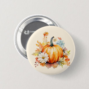 Oranger Kürbis und Blumen Herbst Button