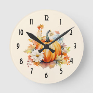 Oranger Kürbis und Blumen Herbst Runde Wanduhr