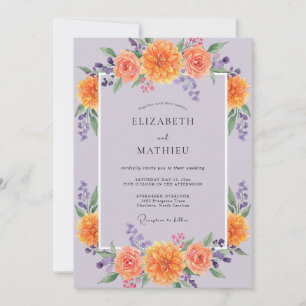 Oranger lila wilder Blumenstrauß Hochzeit Einladung