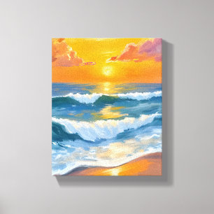 Oranger Meer Sonnenuntergang Aquarell Ozeanwellen Leinwanddruck