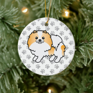 Oranger Parti-Farben Pomeranian Cartoon-Hund & Pfo Keramik Ornament