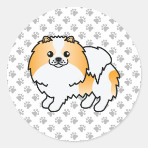 Oranger Parti-Farben Pomeranian Cartoon Hund & Pfo Runder Aufkleber
