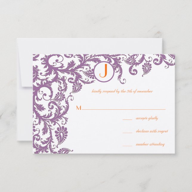 Oranger Pflaumen-Damask-Monogramm-Hochzeits-Einlad RSVP Karte (Vorderseite)