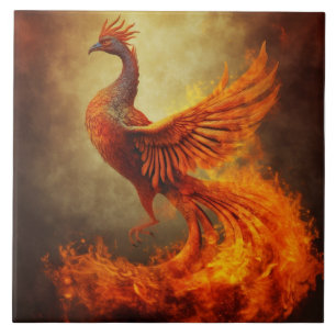 Oranger Phönix mit Flammen und goldenem Nebel Fliese