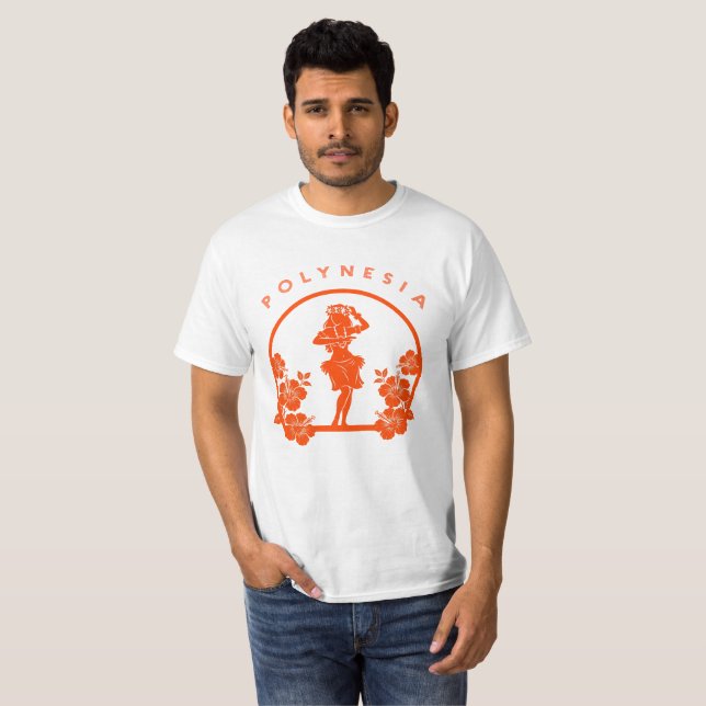 Oranger polynesischer Tänzer mit Hibiskusblumen T-Shirt (Vorne ganz)