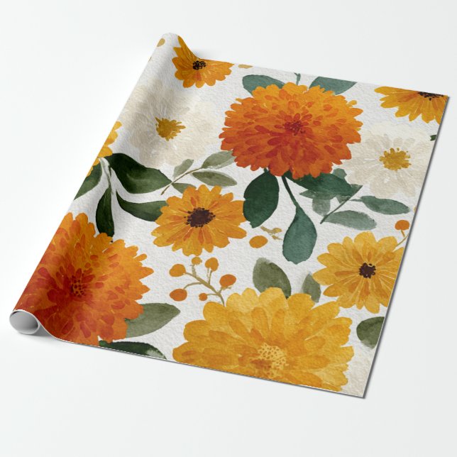 Oranger Ringelblumen-Botanischer Floral Wasserfarb Geschenkpapier (Ungerollt)