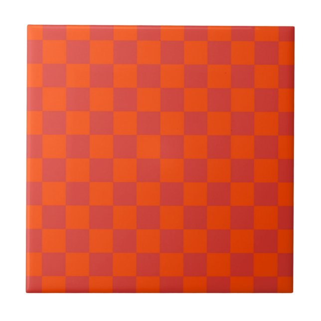 Oranger roter karierter Gingham-Muster Fliese (Vorderseite)