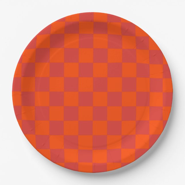 Oranger roter karierter klassischer Retro-Karomust Pappteller (Vorderseite)