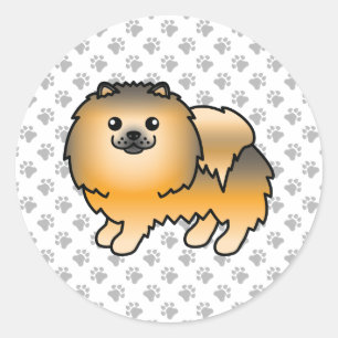 Oranger Sable Pomeranian Süßer Cartoon-Hund & Pfot Runder Aufkleber