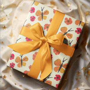Oranger Schmetterling Rote Mohnblume Süß Retro Erd Geschenkpapier