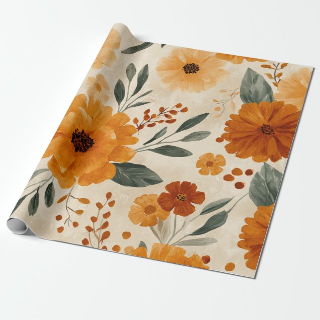 Oranger Terrakotta Vintage Blumen Botanik Geschenkpapier (Ungerollt)