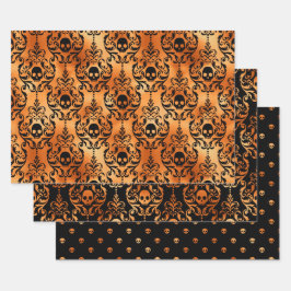 Oranger Totenkopf Halloween Damast Muster Geschenkpapier Set