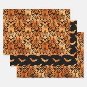 Oranger Totenkopf und Fledermaus Halloween Damast Geschenkpapier Set