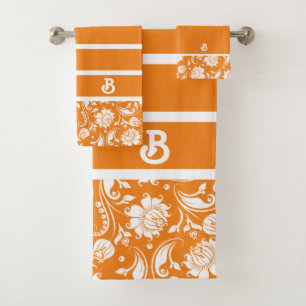 Oranger und weißer vintage Damast mit Monogramm Badhandtuch Set