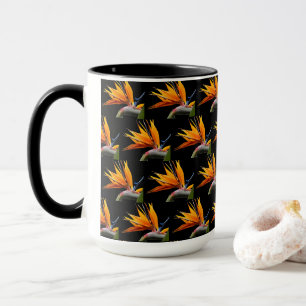 Oranger Vogelparadies-Pflanzenmuster auf Schwarz Tasse