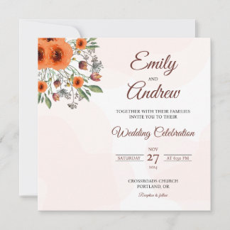 Orangerosen-Aquarell-Blumen-Quadrat-Hochzeit Einladung