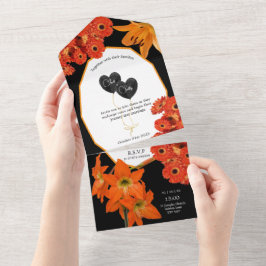 Orangerote und schwarze Hochzeit All In One Einladung