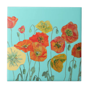 Orangerotes Mohnblumen-Wasserfarben-Blumenmuster Fliese